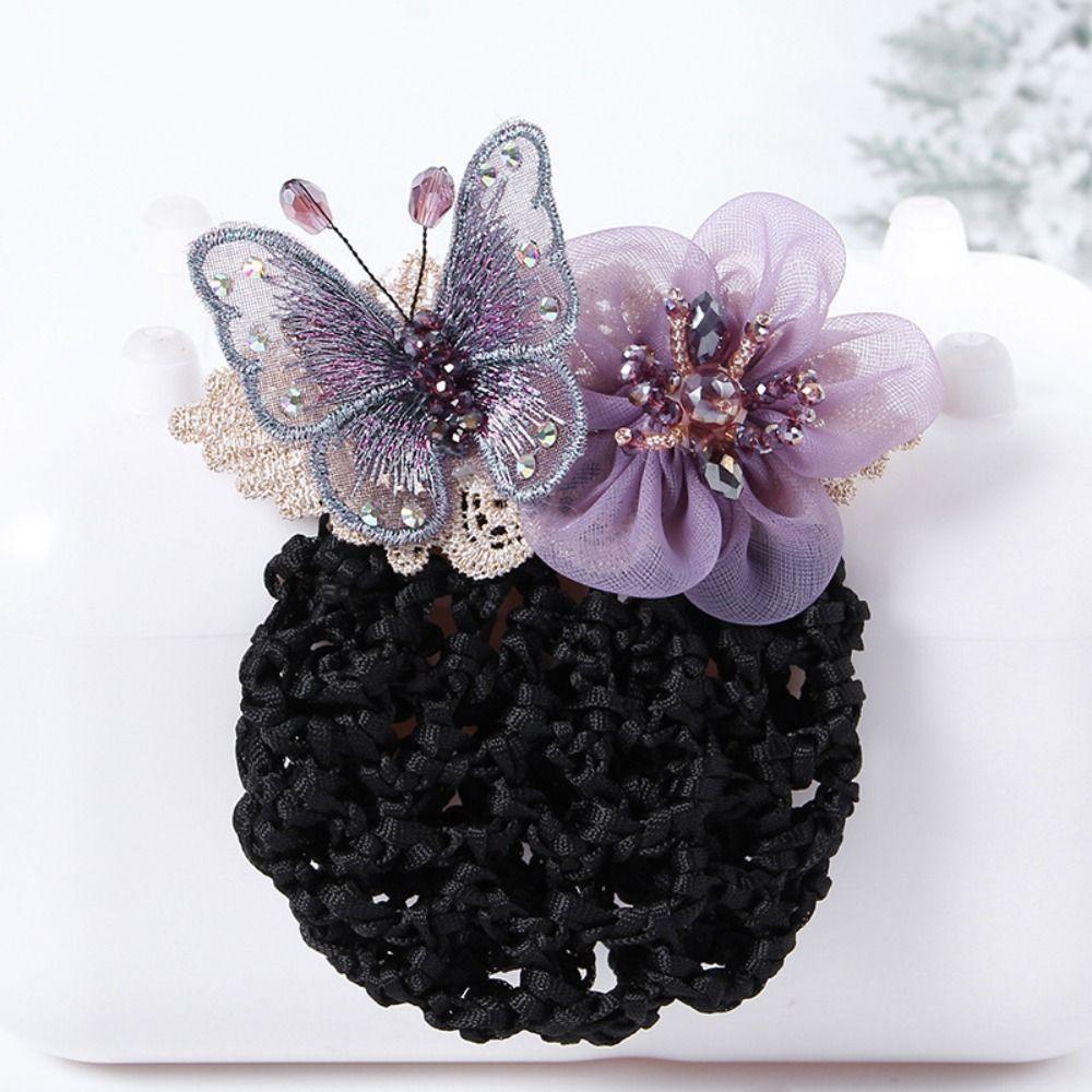Butterfly Flower Elastic Hair Net Rhinestone Beads Decor Hair Bun Holder  Hotel Staff Uniform