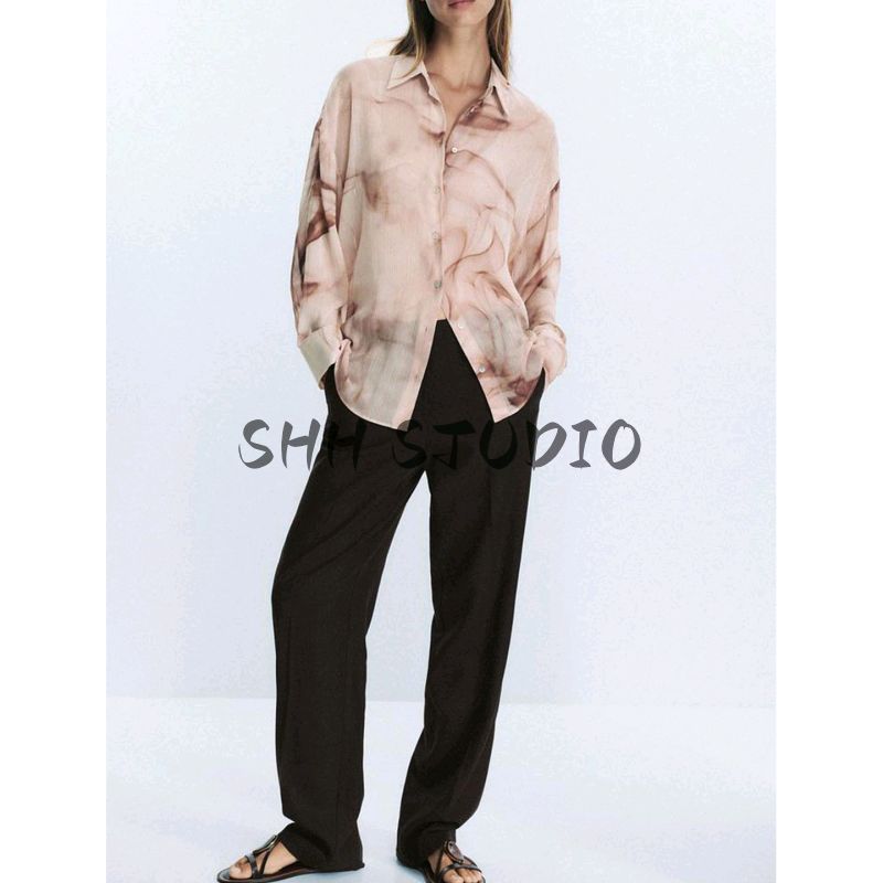 Fall New Women's Clothing French Flip Collar Lightweight Long Sleeves Tie-Dye Print Bunchy Yarn Shirt 8557122