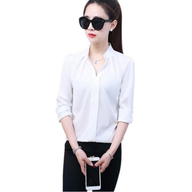 Elegant Sexy Women's White Chiffon Blouse Long Sleeve V Neck Office Shirt Summer Female Top