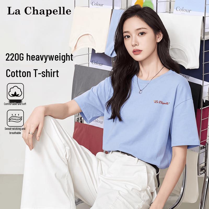 La Chapelle Women s Simple Letter Print Pure Cotton Loose Short Sleeve T-shirt L