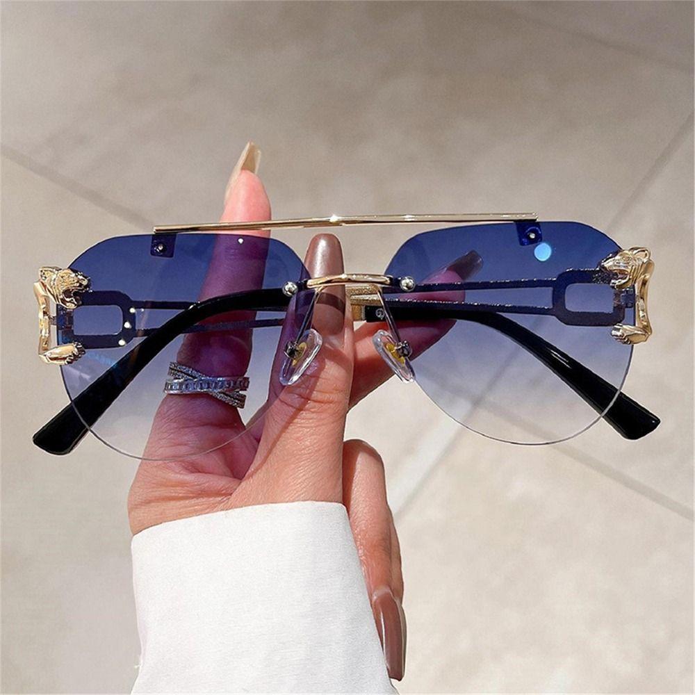 Fashion Rimless Cheetah Decor Sunglasses Gradient Uv400 Double Bridge Sun Glasses Eyewear For Women & Men