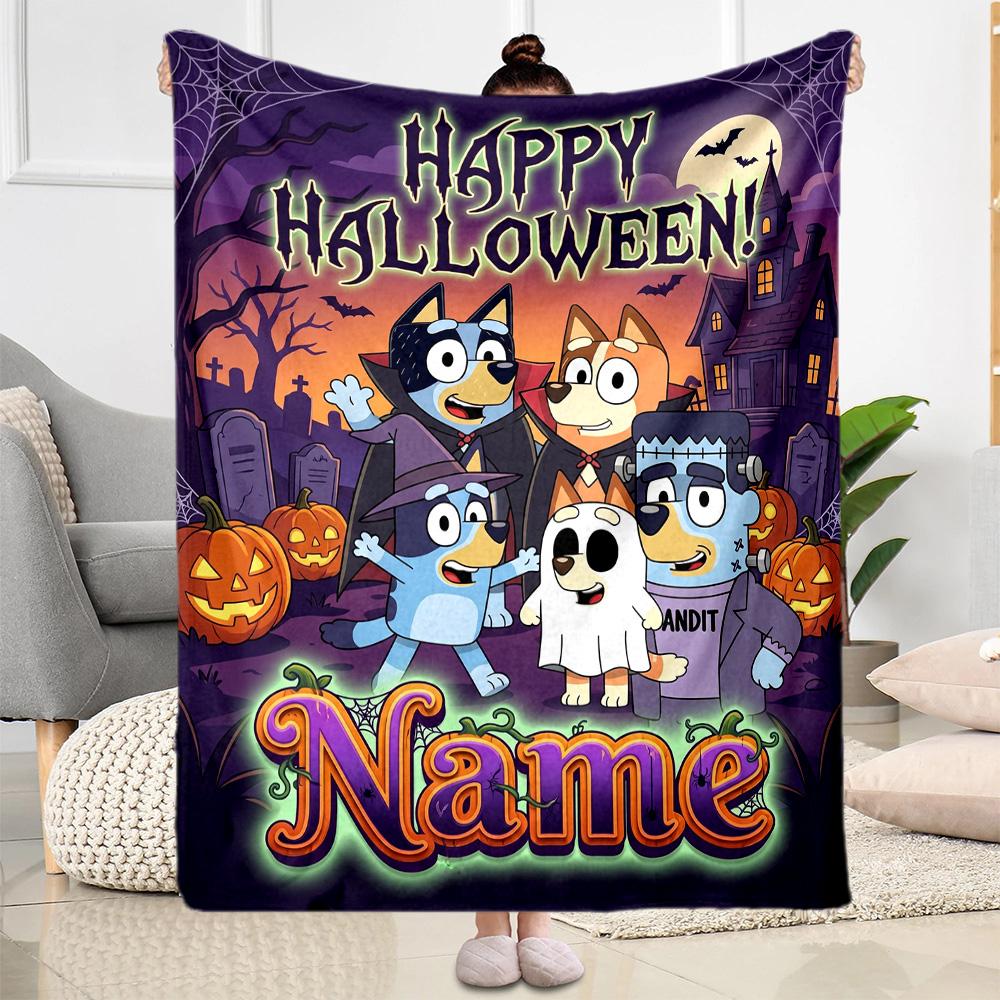 Halloween Bluey Family Personalized Text Blanket Gift Personalized Blanket Soft Warm Cozy for Livingroom Nap Couch Office Chair