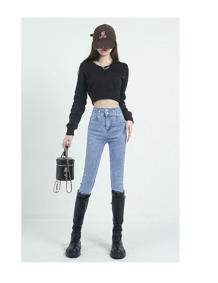 Women's Thickened High-Waisted Skinny Jeans, Double Button, Plus Velvet, Korean Style, Warm Stretchy Slim Fit Pencil Pants for Autumn/Winter