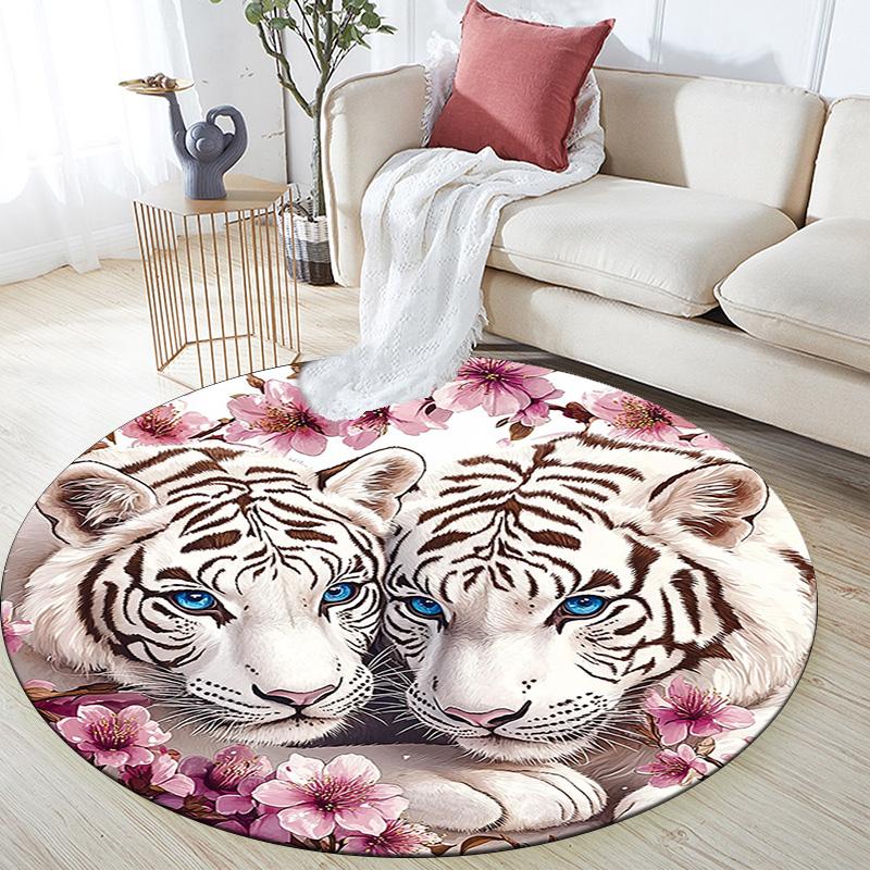 White Tiger Round Area Rug,Carpet Rug for Living Room Bedroom Sofa Playroom Decor,Non-slip Floor Mat