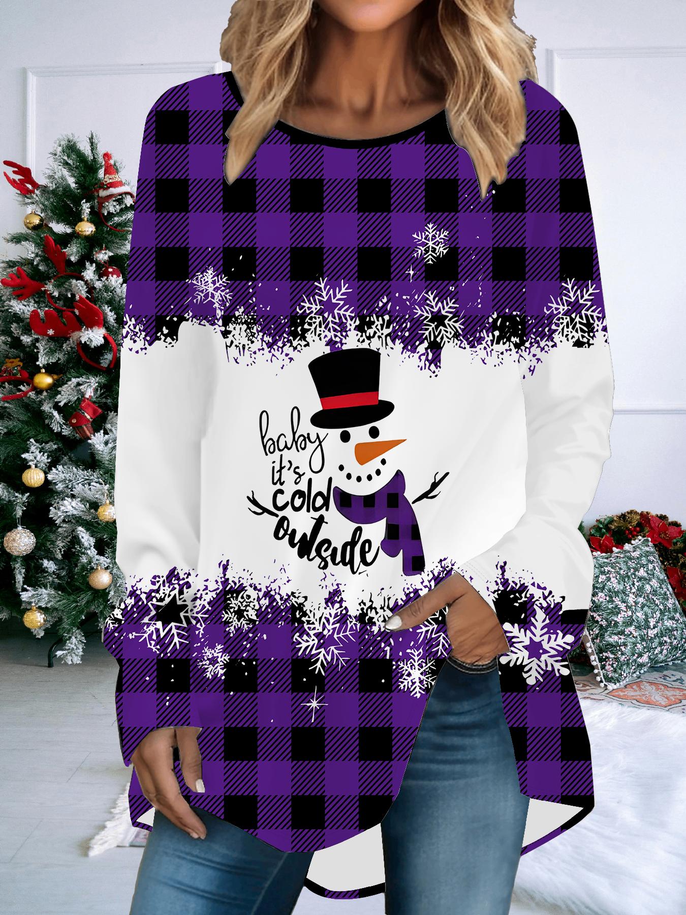 

Женская футболка больших размеров с принтом на весну и Рождество, удобная, с длинным рукавом и круглым вырезом, повседневная, свободного кроя, средней длины, топы 8XL фиолетовый