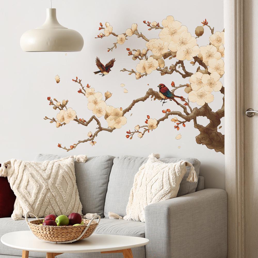 Painted Flower, Branch and Magpie Home Background Wall Decoration Stickers
