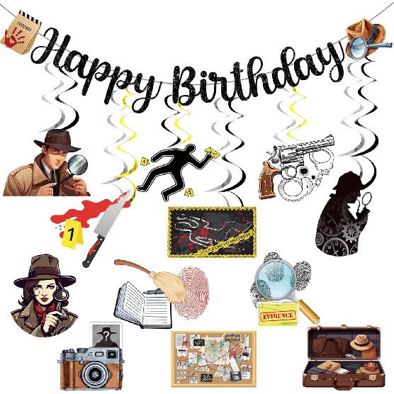 Detective Birthday Party Banners Mystery Party Decorations with Happy Birthday Banner Murder Mystery Hanging Swirls Stickers Clue Crime Scene