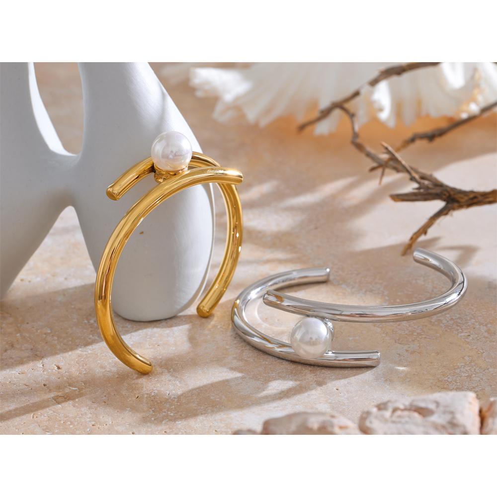 Yhpup 316L Stainless Steel Pearl Double Layer Cuff Bracelet Bangle Stylish Unique Design Elegant Wrist Jewellery Gift