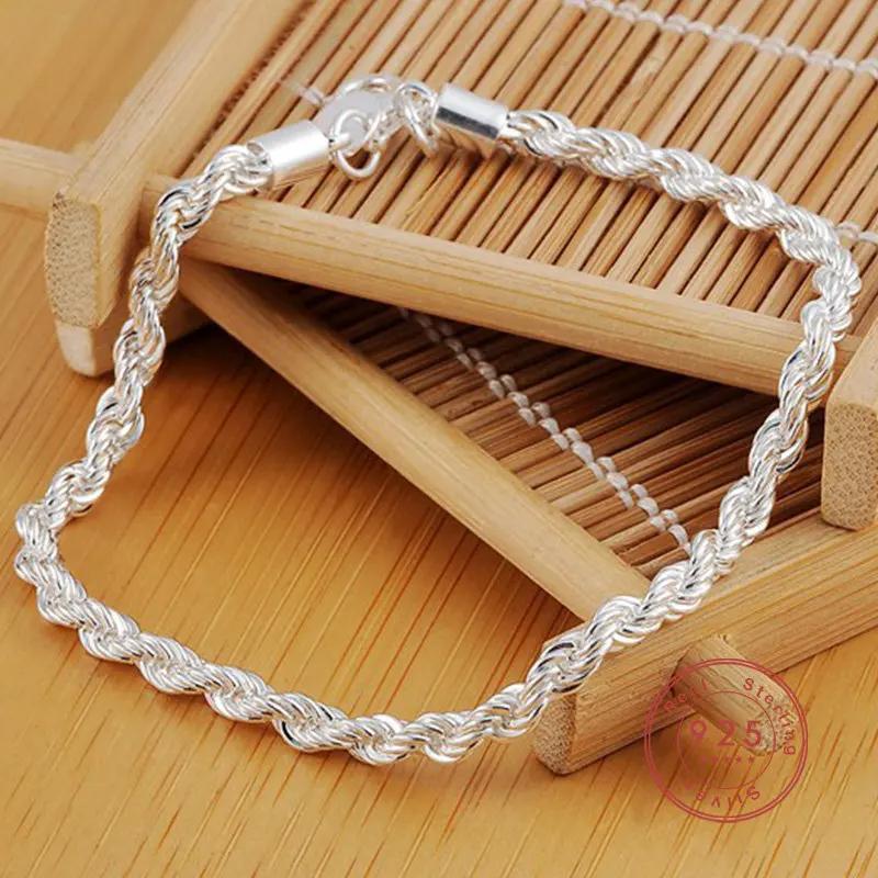 Charm 925 sterling silver Accessories 4MM 40-60cm 2PCS Rope Chain Necklace Bracelet Women Men Fashion Wedding Gift Jewelry