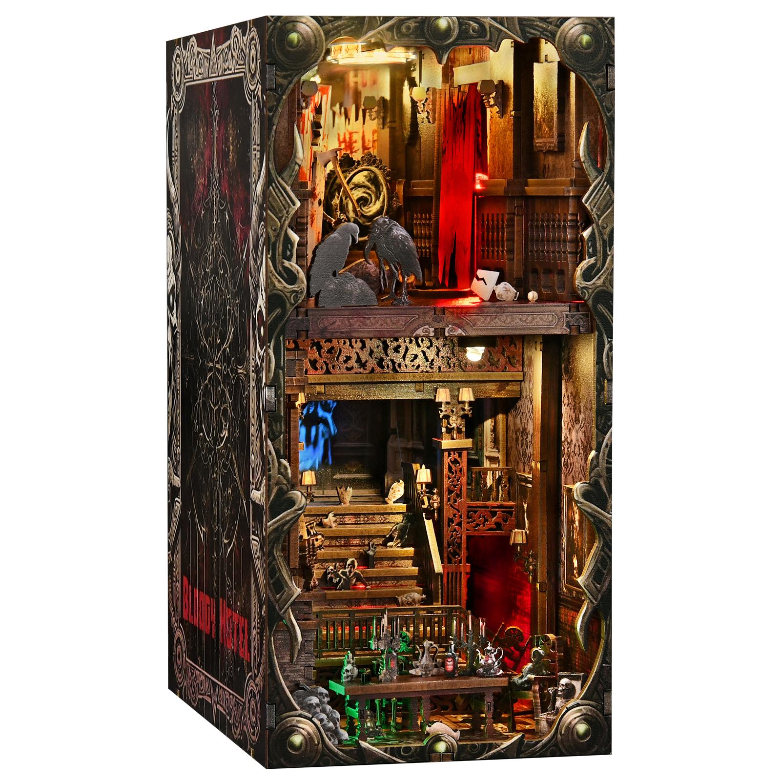 

DIY Book Nook Kit Hotel of Terror Wooden Bookshop Dollhouse with Light Dynamic video Bookshelf Insert 3D Puzzle Decor for Gift