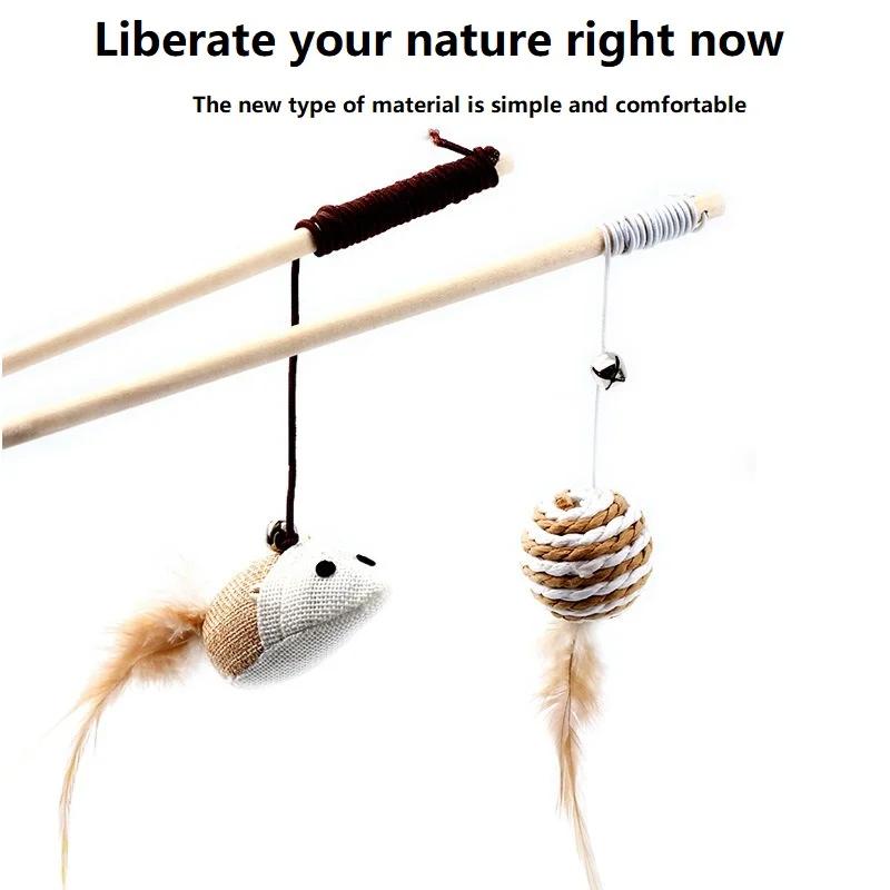 Interactive Cat Feather Teaser Toy Wooden Wand Stick with Linen Mouse for Kitten Play Pet Supplies