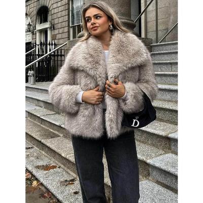 Damenmode Kurzer Kunstpelzjacke Mantel Langarm Vorne Druckknopf Weibliche Oberbekleidung Schicker Reverskragen Dicker Mantel