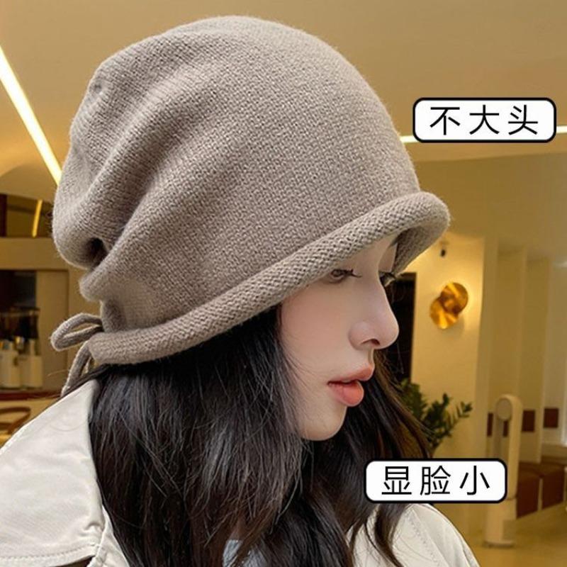 Pile Hats Female Autumn and Winter Show Face Small Bag Head Cold Hat Big Head Circumference Drawstring Crimped Knitted Wool Hat