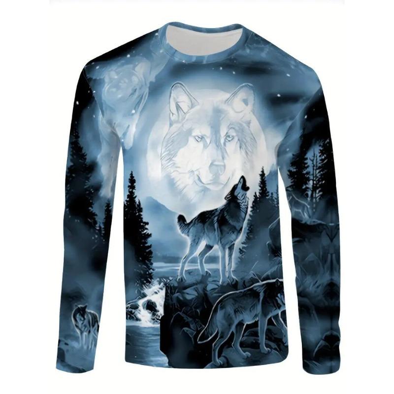 Roaring Wolf In The Forest 3D digital printed men's long-sleeved T-shirt fashionable new