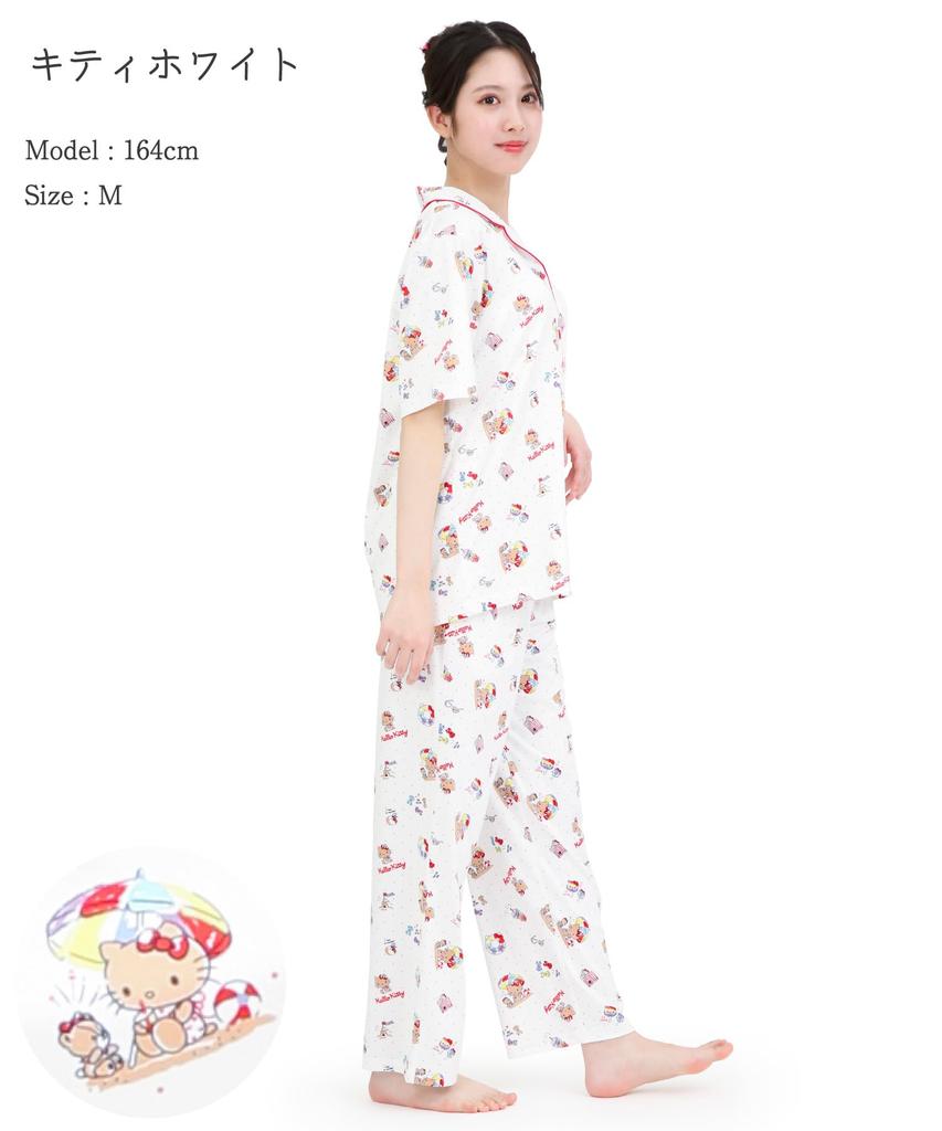 Peach Side Hello Kitty Shirt Short Long Top and Bottom Room Wear [SAZAC] Pajamas, 100% Cotton, Broadcloth, Women's, Sleeves, Pants, Set, Loungewear,