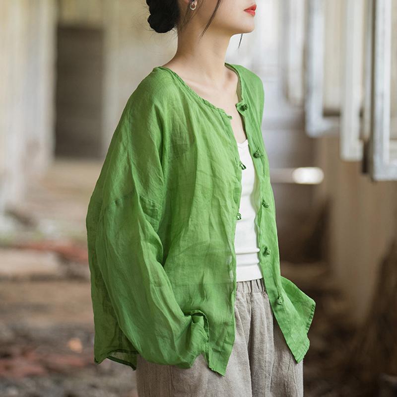 

Johnature Женские летние рубашки Топы с круглым вырезом Длинные рукава Блузки на пуговицах Высококачественные повседневные свободные женские рубашки One Size зелёный