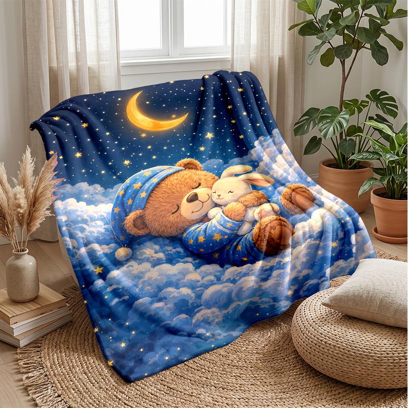 Teddy Bear Sleeps On Branch Under Moon Theme Blanket Lightweight Warm Flannel Blanket Decorative Throw Blanket for Home Decoration
