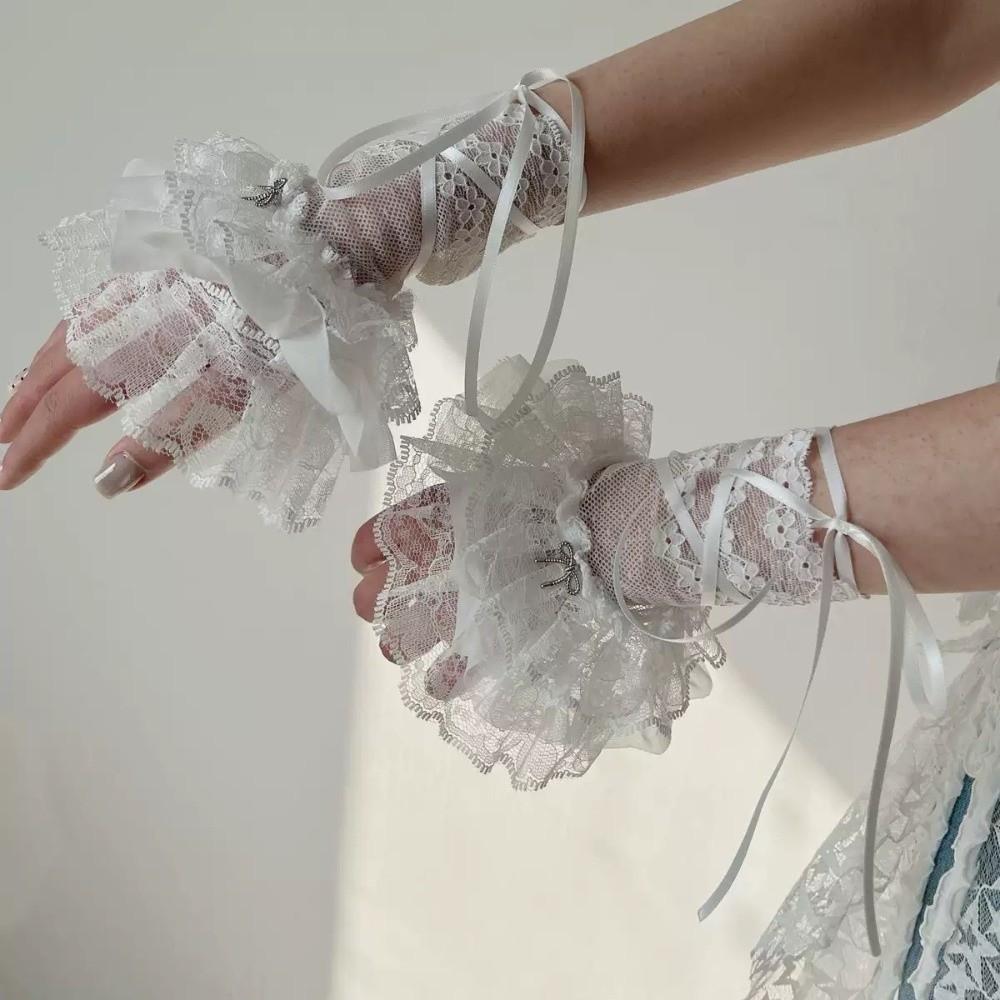 Flare Style Lace Wrist Cuffs Silk Ribbon Flare Cuffs Vintage Ruffles Gloves  Girl