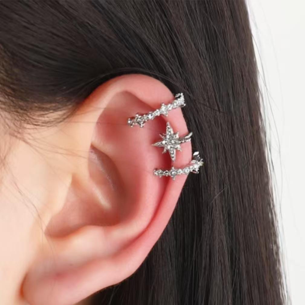 2026 New zircon octagram three-piece set of ear clips, no ear piercings, mango super flash set, ear bone clips and earrings.