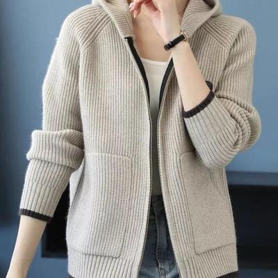 Høststrikket ullkåpe med hette og glidelås for kvinner, løs kort cardigan, topper med lange ermer