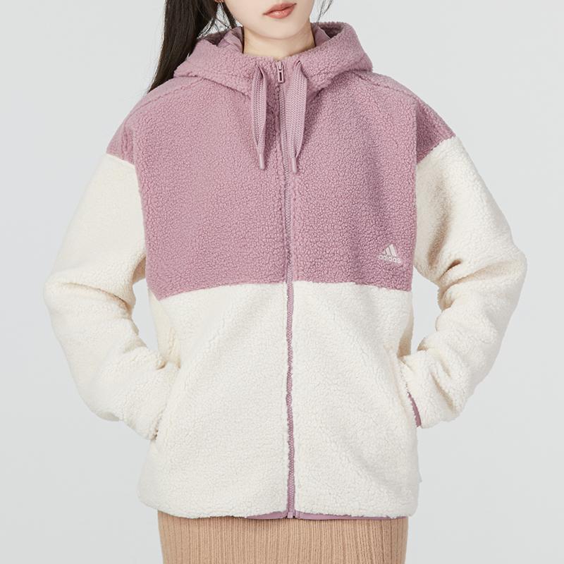 Adidas Color Block Sports Casual Hooded Warm Fleece Jacket Women Jackets Pink HN0670