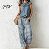Casual Sleeveless Top Women Pants 2-Piece Set, Summer Ruffle Mock Neck Elastic Waist Suit & Plaid Wide Leg Pants, Vintage Loose Outfit Set Two