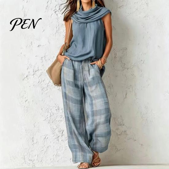 Casual Sleeveless Top Women Pants 2-Piece Set, Summer Ruffle Mock Neck Elastic Waist Suit & Plaid Wide Leg Pants, Vintage Loose Outfit Set Two
