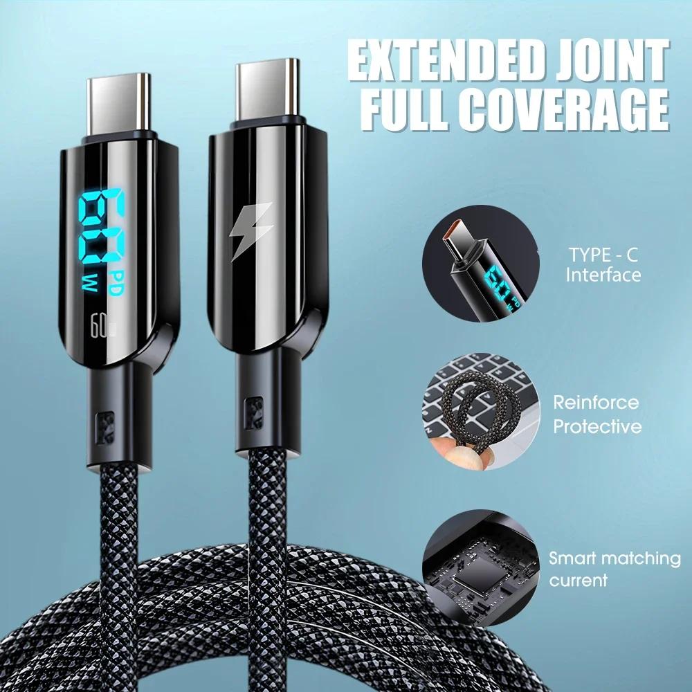 Cablu de încărcare rapidă tip C de 60W, afișaj digital cu LED, cablu de încărcare USB C pentru iPhone 15 Pro Max, Samsung, Xiaomi, linie de date de încărcare PD