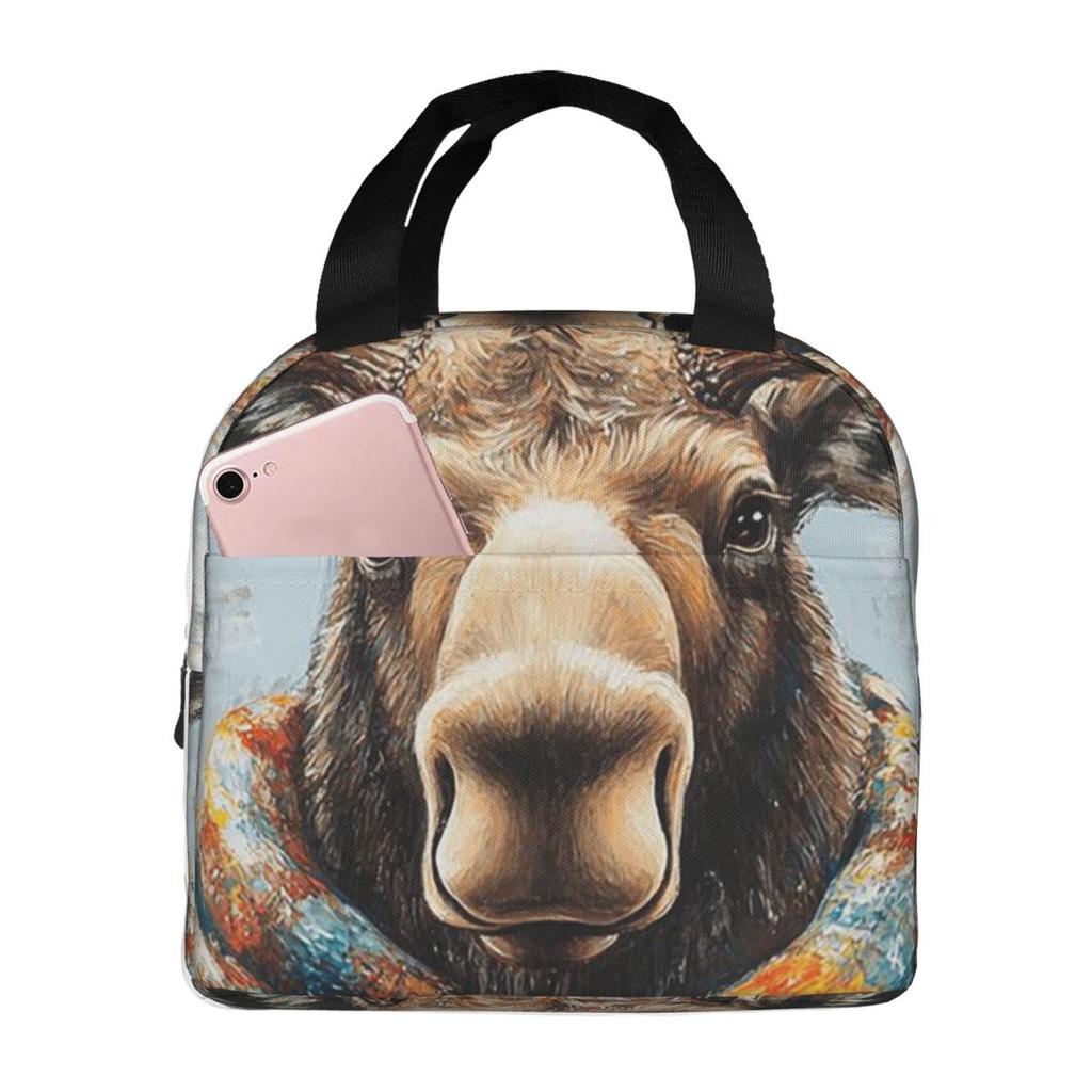 Cartoon Moose Oil Painting Insulated Lunch Bag for Women Children Portable Food Boxes Thermal Lunch Box Tote