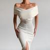 Women Dress Strapless Off Shoulder with Belt Solid Color Party Evening Dress for Office