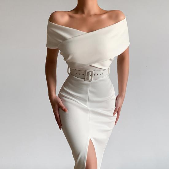 Women Dress Strapless Off Shoulder with Belt Solid Color Party Evening Dress for Office