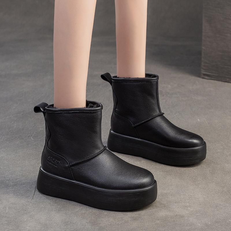 GKTINOO 5cm Genuine Leather Chunky Cow Spring Rubber Ankle Boots Soft Soled Winter Plush Flats Booties Autumn Women Shoes