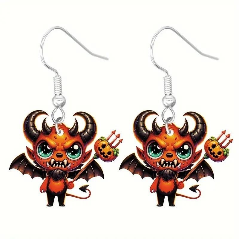 Halloween Themed Earrings Featuring Each Cat Demon Pumpkin And Skull Pattern For Festive Look
