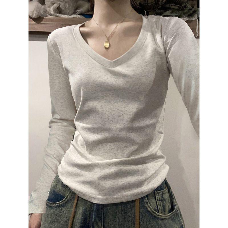 

Spring and Autumn Ins Style Pure Cotton Regular Shoulder Base Shirt V-Neck Korean Style Lazy Style Waist-Cinching Slimming Long Sleeve Inner Layer Gray [V-Neck] Pure Cotton Style XXL
