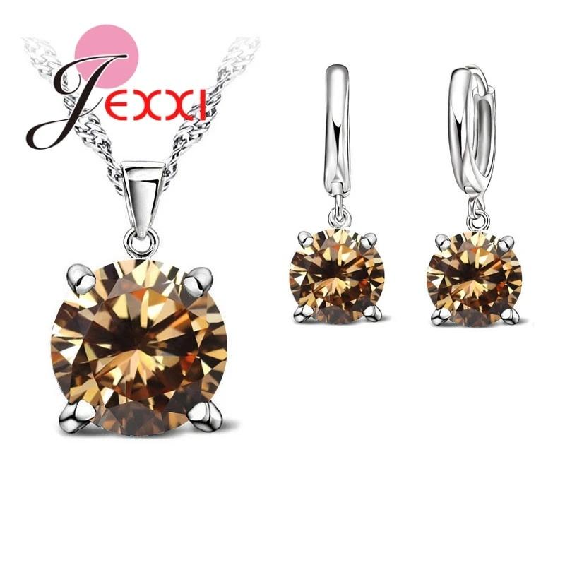 Solid 925 Sterling Silver Jewelry Sets 4 Claws Cubic Zirconia Pendant Necklace Earring Fashion Jewelry For Women SET
