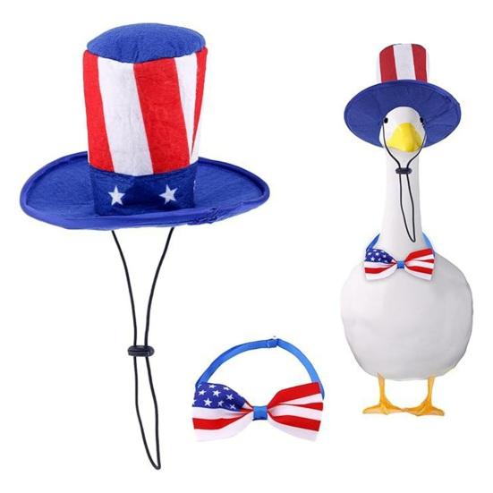 1 Set July 4th Goose Outfits, Patriotic Porch Goose Costume, Independence Day Apparel, Stars Stripes Hat Bow Tie for Lawn 23 Inch Goose Statue