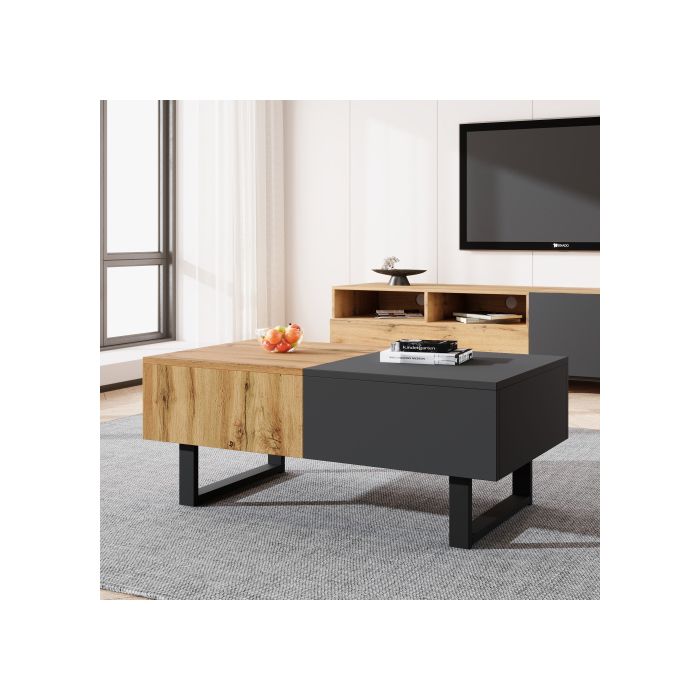 Table basse moderne - MUVOE - Multifonctionnelle - Rangement caché - Bois et métal - Design élégant