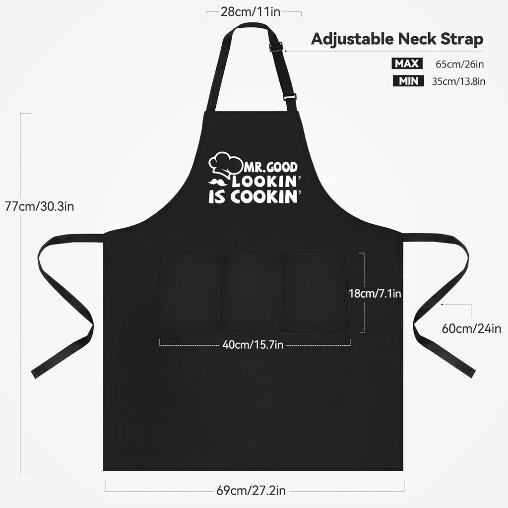 Funny Aprons for Men, Mr. Good Lookin’ Is Cookin’ Chef Apron with 3 Pockets, Adjustable Neck Strap and Long Waist Ties, Perfect for Kitchen