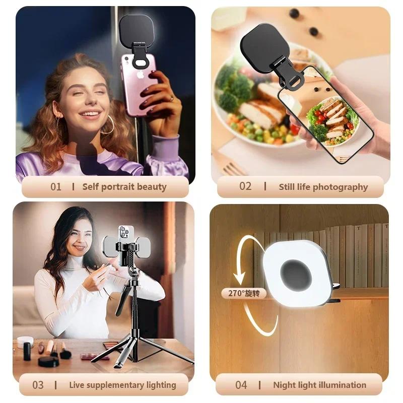 Rechargeable Clip-On Ring Light - 3-Level LED for Smartphone Tablet Photography Live Streams