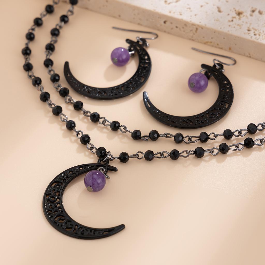 Crystal beads chain necklace sweet cool gothic hollow moon pendant necklace