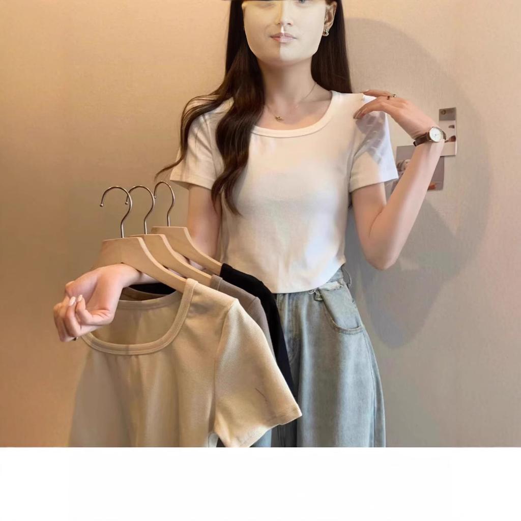 French Square Collar Curved Hem Short-sleeved T-shirt Women's Summer New Solid Color Slim-fitting Versatile Niche Top Tide