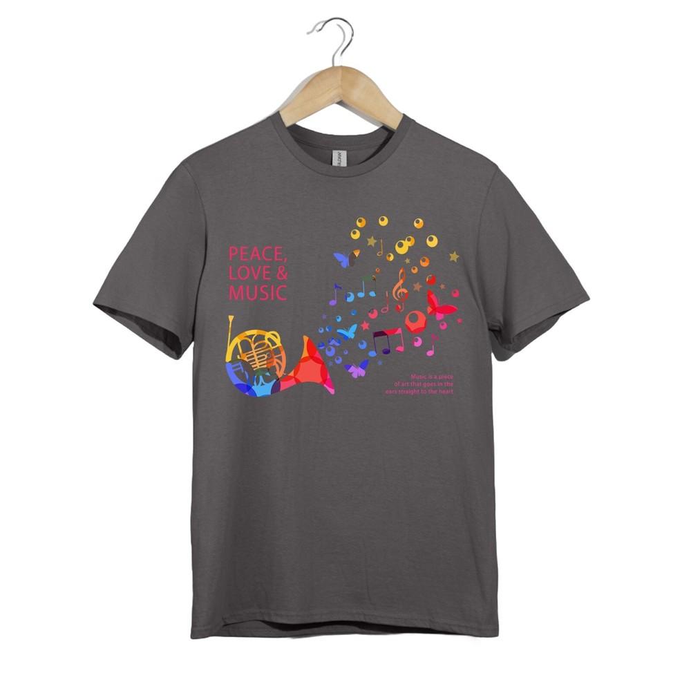 

Peace Love and Music Tee–Colorful HornandNotes Unisex T-Shirt Gift for Music Lovers 4XL