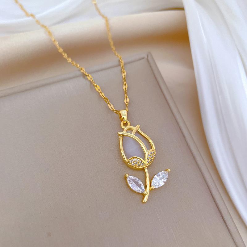 DIEYURO 316L Stainless Steel Fashion Leaf Tulip Flower Inlaid Crystal Pendant Necklace For Girl New Clavicle Chain Jewelry Gift