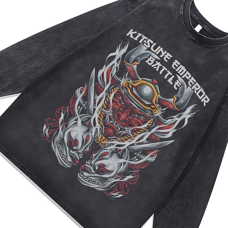 Retro Street Trendy Brand Washed Long-Sleeved T-Shirt Dark Cartoon Direct Injection Printing Bottoming Shirt Top