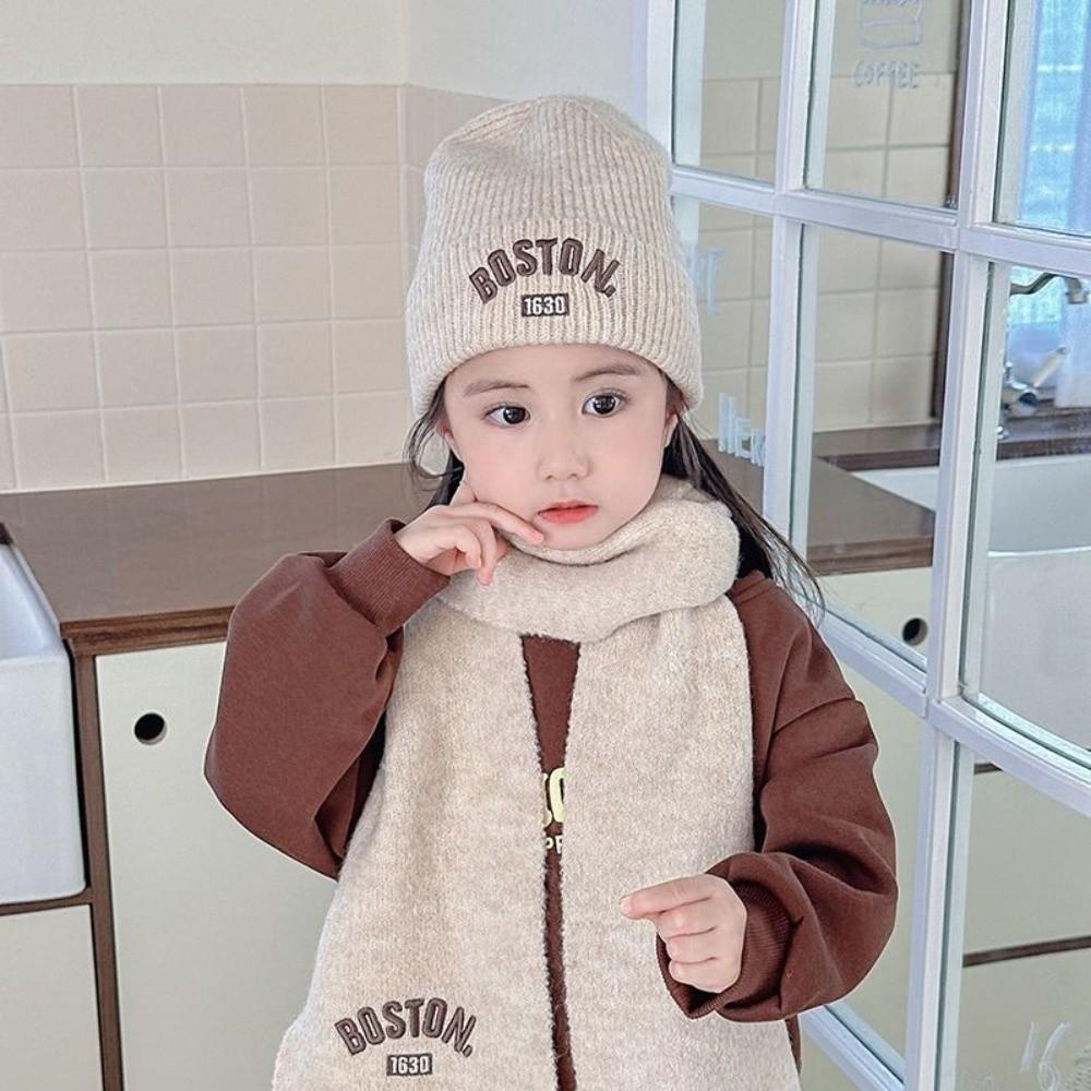 BOSTON Embroidery Scarf Hat Set Windproof Ear Protection Hat New Beanie Hat For 2-8Y