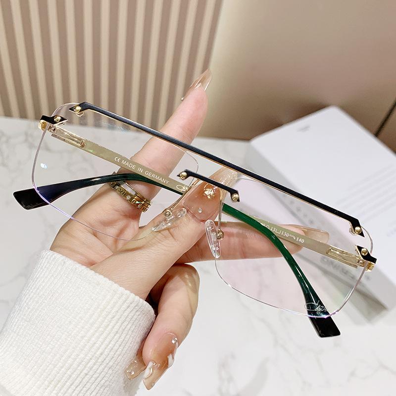 Double Beam Glasses Large Frame Metal Glasses Frame Glasses Frame Anti-Blue Flat Glasses Trendy Rimless Glasses