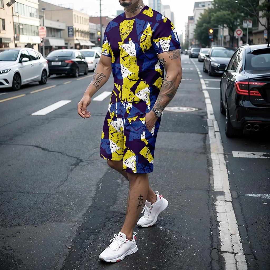 Two Piece Men's 3D Retro Military Style Summer Set Men's Short Sleeved T-shirt and Fashionable Shorts Travel Street Set