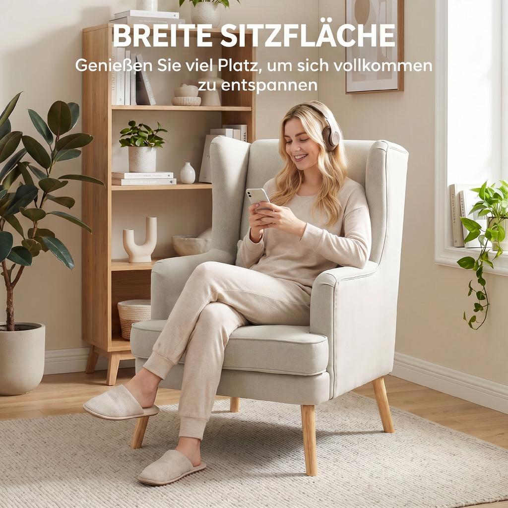 Accent Chair, Armchair with Linen Look, High Backrest, Wide Seat, Lumbar Pillow, Beige