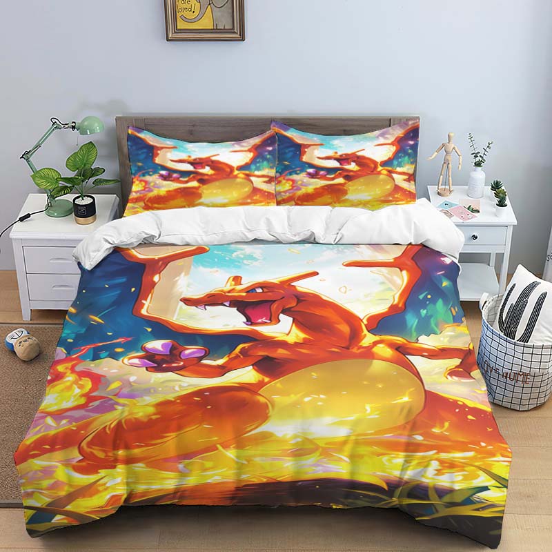 Cute Cartoon Charizard-Themed Bedding Set, featuring a soft duvet cover and pillowcases—perfect for teenagers, children, and mor