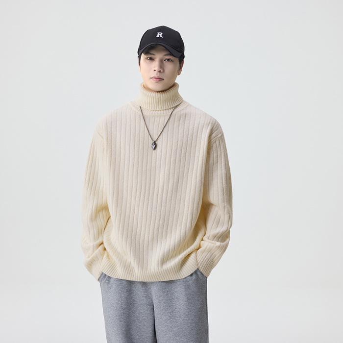 

2025 Men s Autumn/Winter High Neck Slim Fit Sweater - Trendy Solid Color Lapel Outerwear L